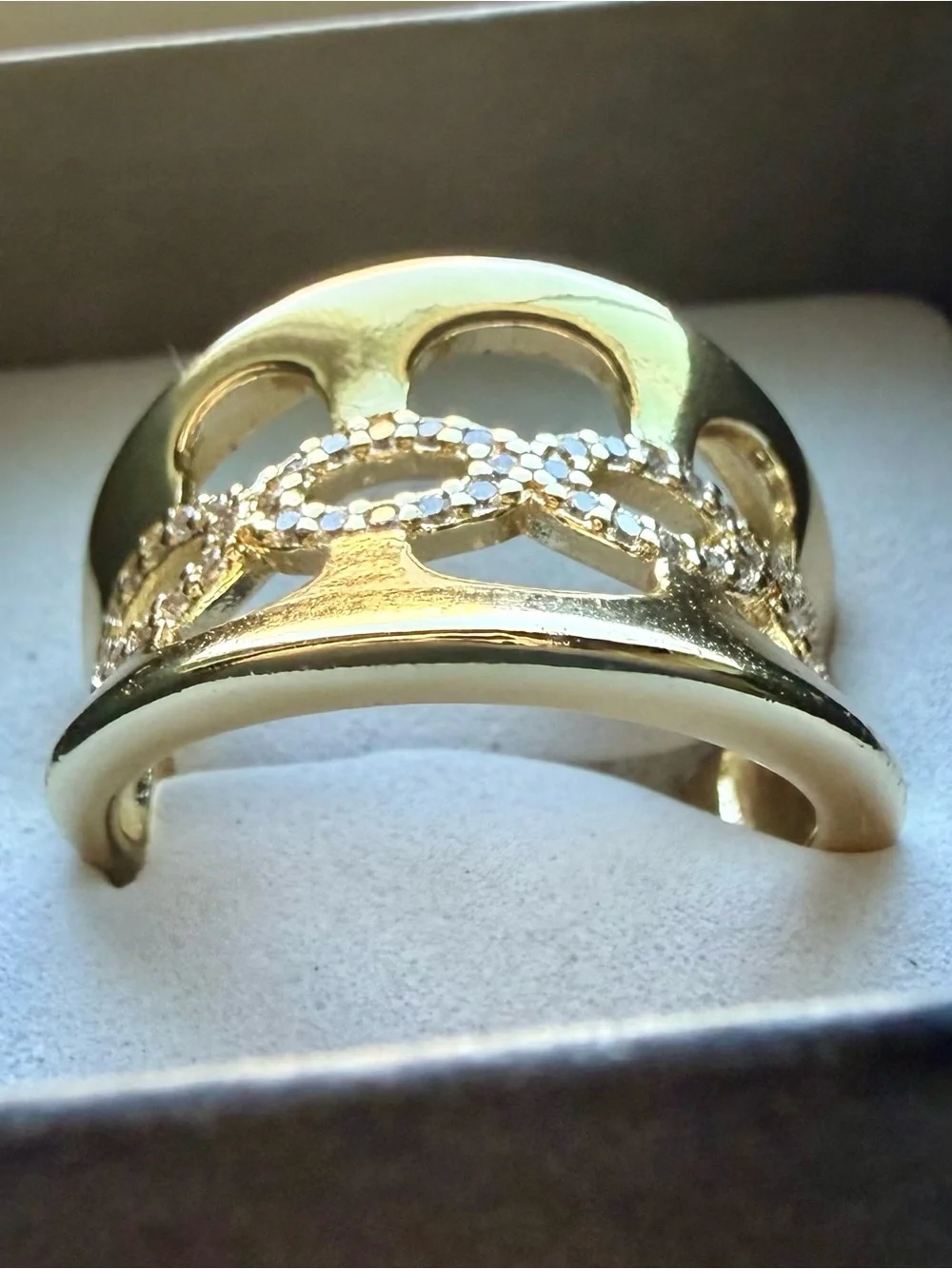 NEW! 18k Yellow Gold Plated Openwork Link CZ Accent Wide Band Ring